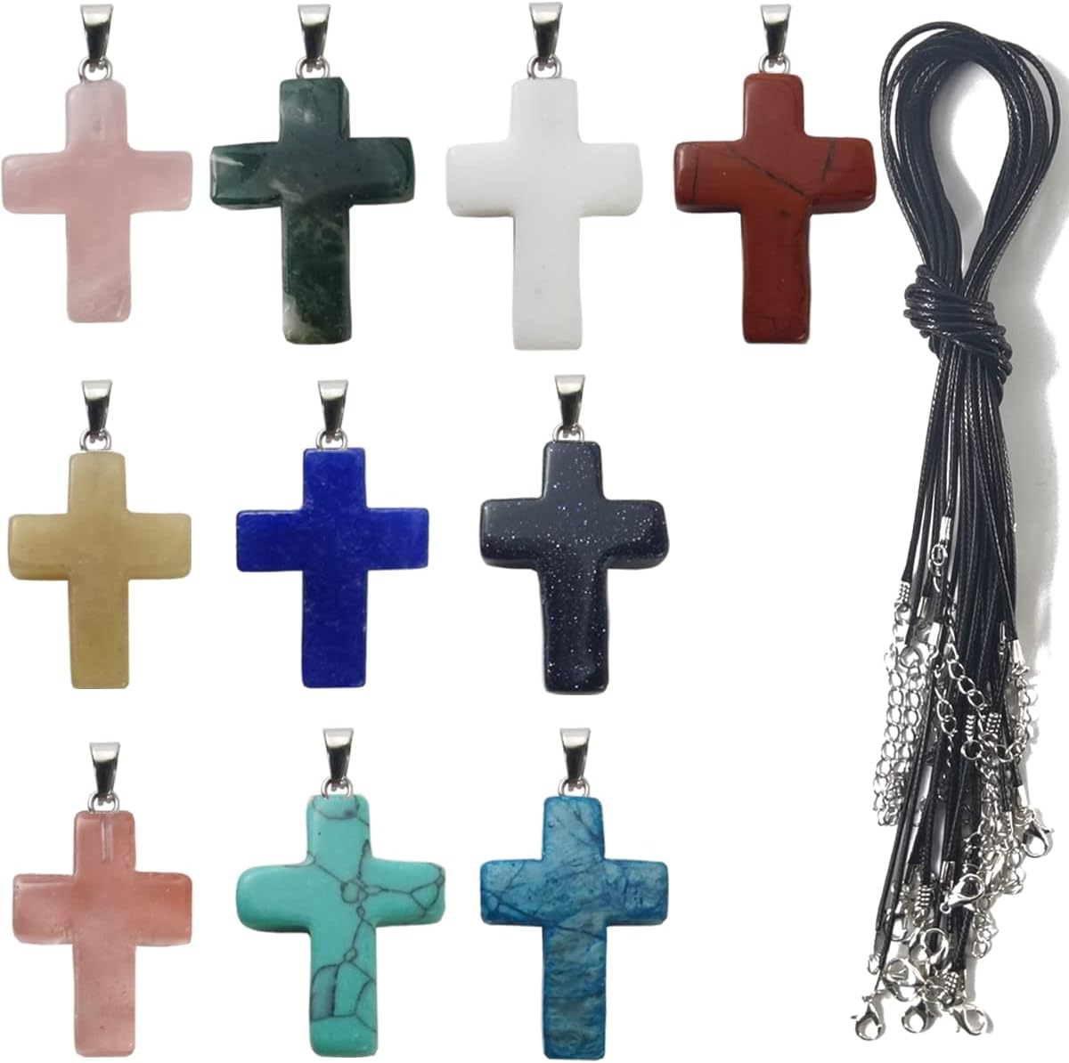 12 PCS Genuine Elegance: Cross-Shaped Natural Gemstone Pendants in Various Crucifix Styles