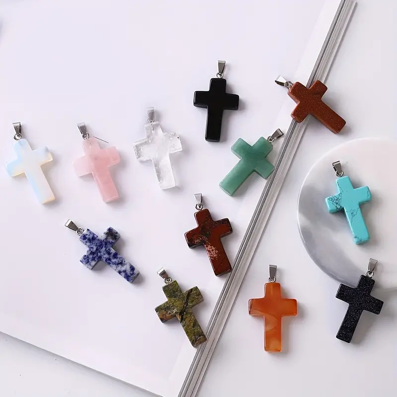 12 PCS Genuine Elegance: Cross-Shaped Natural Gemstone Pendants in Various Crucifix Styles
