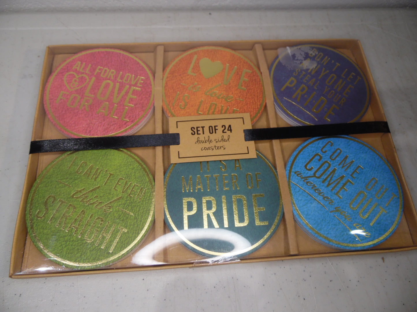 Pulpboard Double Sided Coasters Pride Inspirational Sayings Gold Lettering set of 24