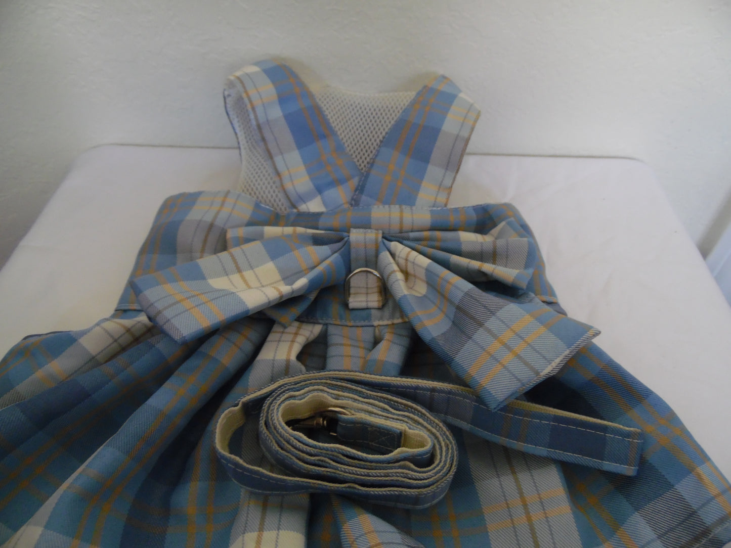 Blue & Beige Plaid Dog Dress Bow Tie Harness Leash Set for Small Dogs 2XL