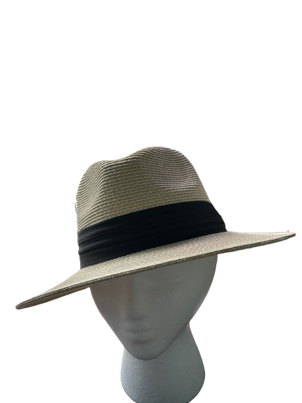 Panama Sun Hat Paper straw Mesh Wide Brim Beige with Black Band
