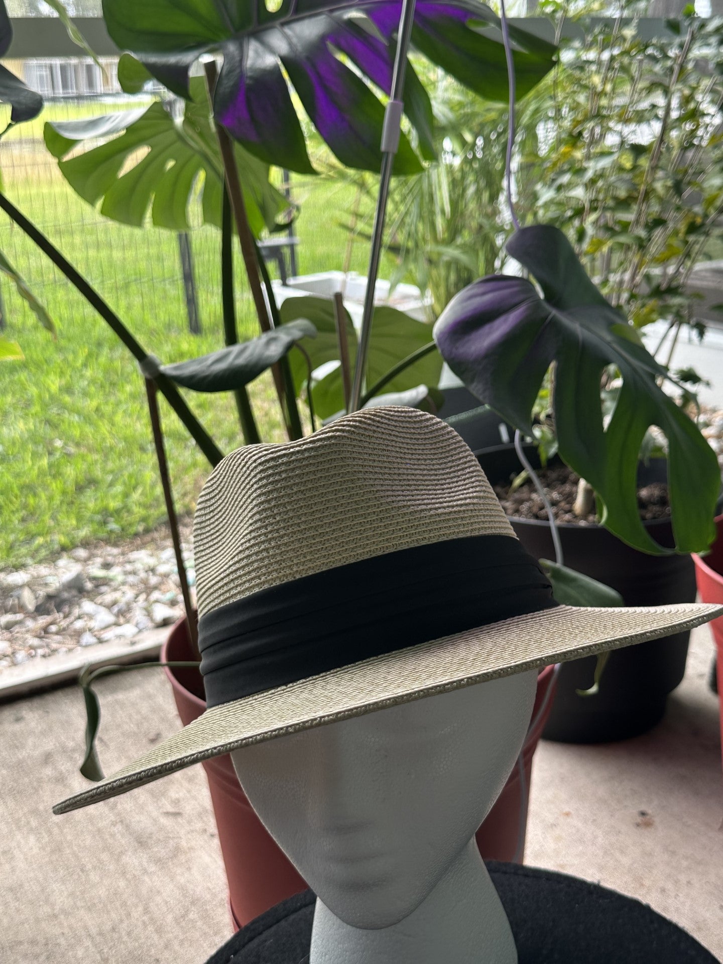 Panama Sun Hat Paper straw Mesh Wide Brim Beige with Black Band