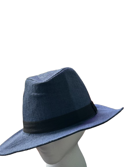 Panama Sun Hat Paper straw Mesh Wide Brim Blue with Black Band