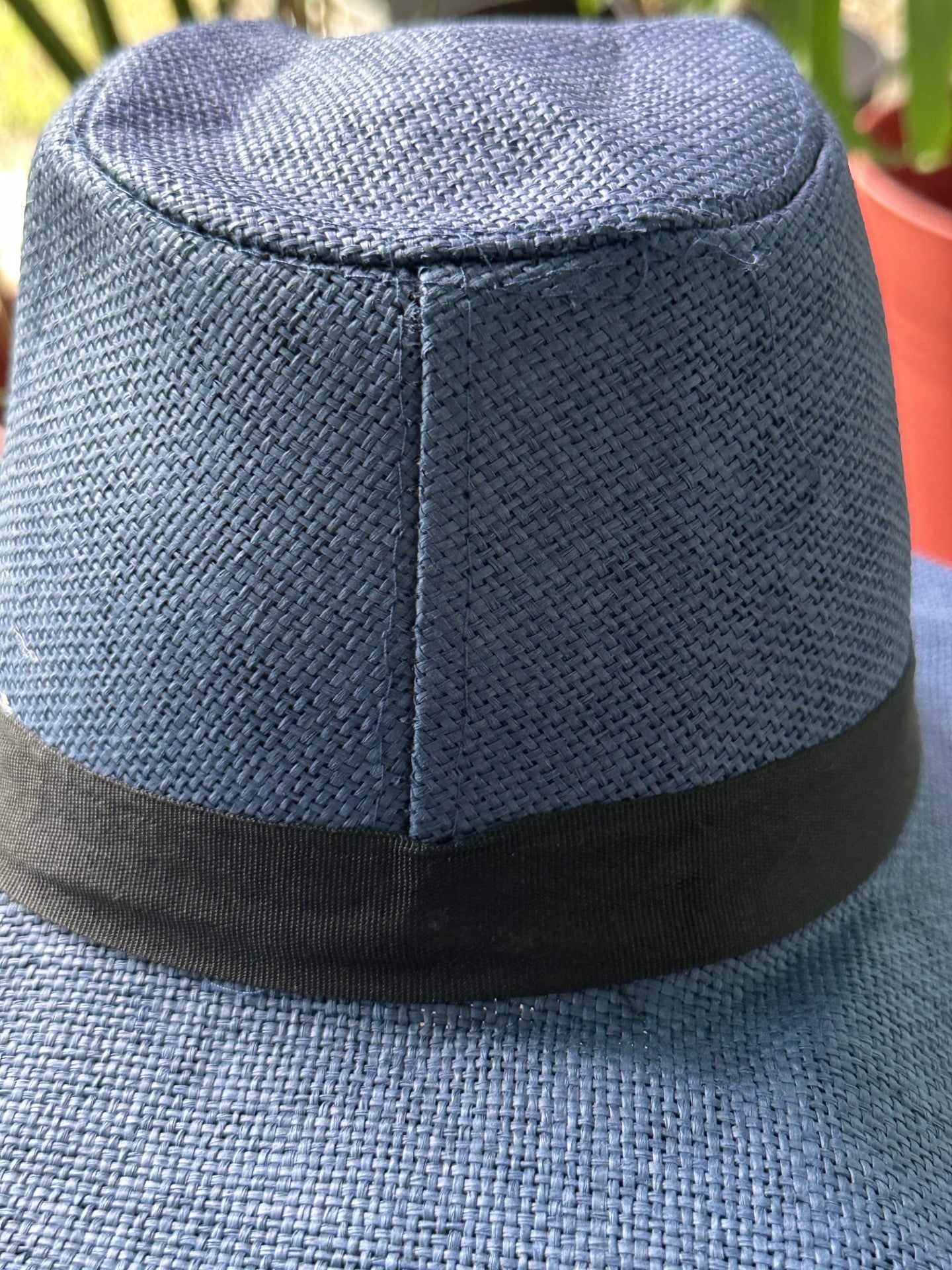 Panama Sun Hat Paper straw Mesh Wide Brim Blue with Black Band
