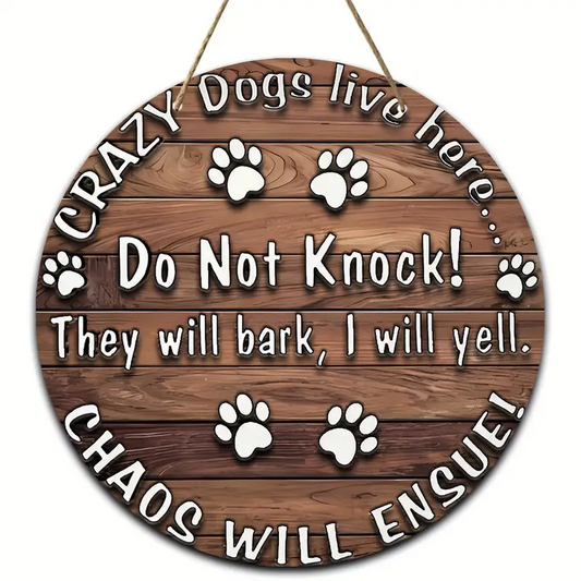 Quirky Canine Caution: Wood-Simulated Metal Warning Sign for Dog Lovers